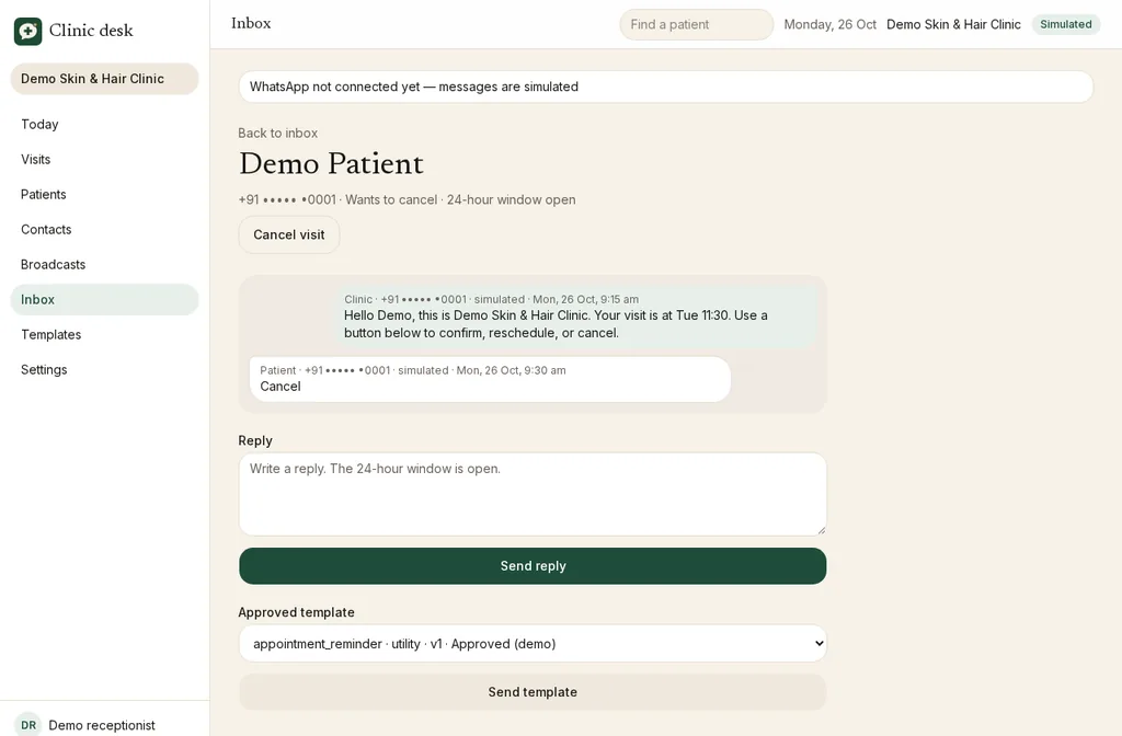 Desk inbox thread for Demo Patient: the clinic's reminder and the patient's Cancel reply, flagged Wants to cancel with a Cancel visit button for reception