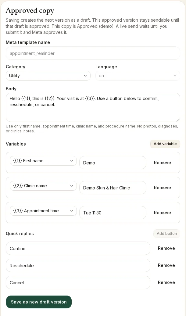 Approved appointment_reminder utility template in Clinic Connect's Desk with variables for first name, clinic name and appointment time, and Confirm, Reschedule and Cancel quick replies